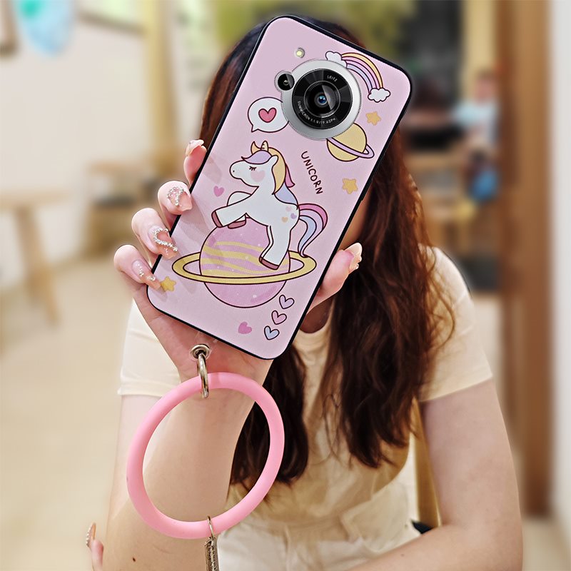 Waterproof cute Phone Case For Sharp Aquos R7/SH-52C bracelet Back Cover youth soft case Cartoon ring funny solid color. 